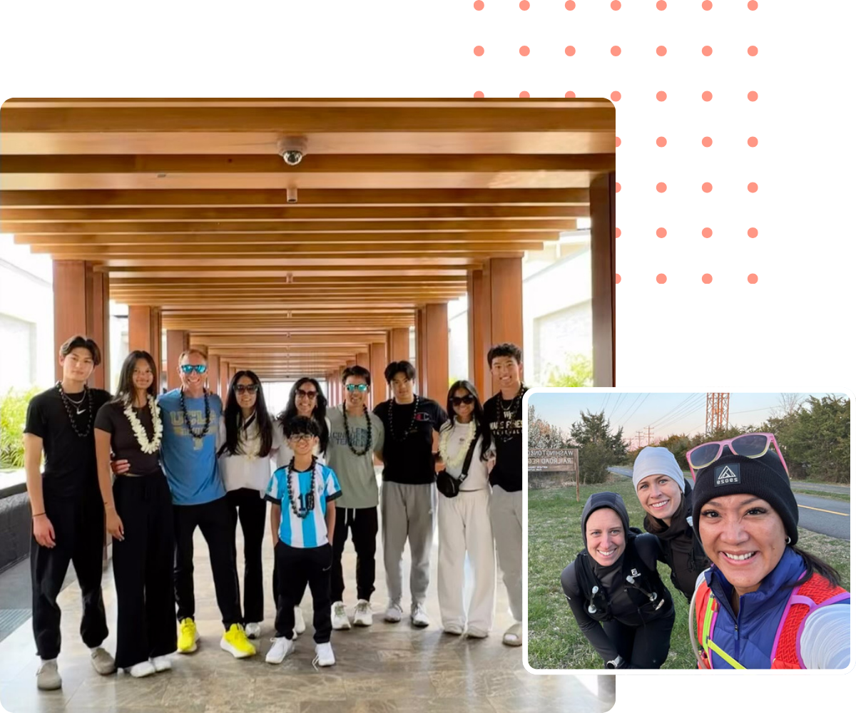 Group of people posing outdoors; building structure with open ceiling.